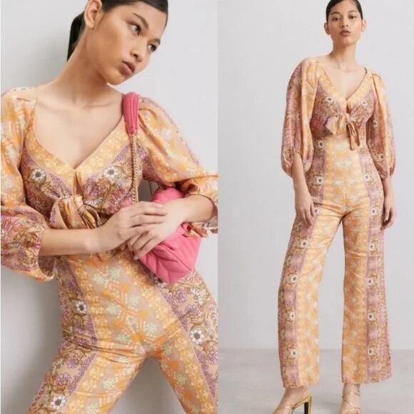 NWT Sandro Knotted Floral Print Jumpsuit Beige‎ Linen Blend FR 40 / US 8 Summer - Picture 4 of 13